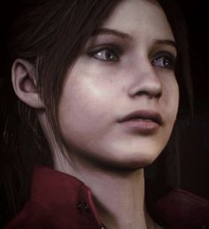 a close up of a person wearing a red shirt and looking into the distance with an evil look on her face