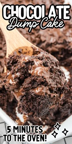 delicious chocolate dump cake recipe in a white dish with a wooden spoon scooping out