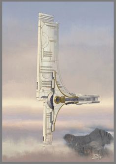 an artist's rendering of a space ship floating in the air with mountains and clouds behind it