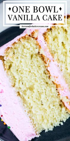 a close up of a slice of cake with pink frosting and sprinkles