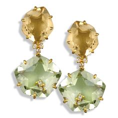 Lemon citrine over prasiolite set in 18k yellow gold with diamonds (.14 tcw). Handmade in Brazil.Measures ⅝" w x 1⅛" h. Lemon Jewelry, Lady Kenna, Pastel Jewelry, Smoky Quartz Earrings, Lalique Crystal, Leather Photo Albums, Citrine Jewelry, Citrine Earrings, Gold Monogram