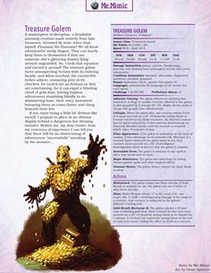 DnD 5e Full Bestiary Entry for Treasure Golem by Me.Mimic Golem Dnd, Dnd Construct, Active Campaign, Dnd Character Sheet