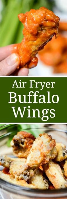 air fryer buffalo wings in a glass bowl with dipping sauce on top and the words, air fryer buffalo wings above it