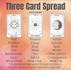 three card spread with different types of cards in each one, including the sun and moon