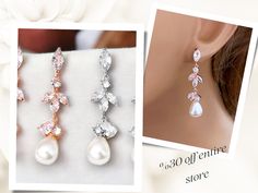 two pictures of earrings with pearls and diamonds on the bottom, one is for women