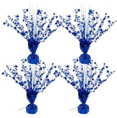 three blue vases with stars on them are arranged in the shape of an arrow