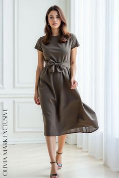 Olivia Mark - Elegant Mocha Midi Dress with Waist Tie - Sophisticated Silhouette Daily Dress, Fitted Bodice, Full Skirt, Olivia Mark, Waist Tie, Elegant Dresses, Mocha, Olive Green, Bodice