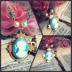 The Vampire Diaries jewelry Katherine Pierce by LAcchiappasogni $32.73 Victorian Cameo Necklace, Victorian Cameo Pendant Jewelry, Vampire Diaries Jewelry, Art Deco Accents, Blue Cameo Necklace, Ornate Cameo Necklace For Collectors, Ornate Cameo Necklace Collectible, Katherine Pierce, Cameo Necklace