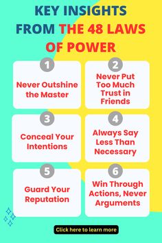 the four laws of power info sheet with text that says, key insights from the 4 laws of power