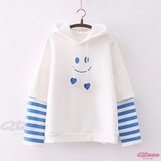 Qteee - Chic Smiling Face Print Striped Sleeve Plush Hoodie Kawaii Cotton Hoodie Top, Fun Cotton Crew Neck Hoodie, Cute Blue Tops With Drawstring Hood, Spring Cotton Kawaii Hoodie, Playful Blue Hoodie With Long Sleeves, Playful Crew Neck Hoodie For Winter, Fun Long Sleeve Cotton Hoodie, Cute White Winter Hoodie, Blue Long Sleeve Playful Hoodie