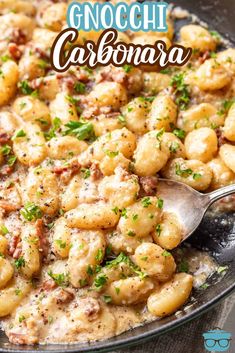 a skillet filled with gnocchi carbonara and garnished with parsley