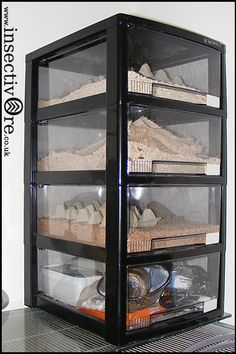 a shelf filled with lots of shoes and other items on top of a metal grate