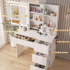 the contents of a white vanity with drawers and shelves in front of it on a wooden floor