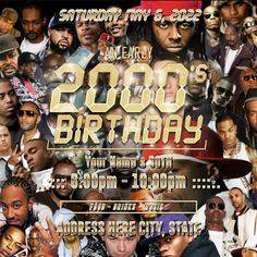 the birthday party flyer for an event with many different faces and numbers, including two men