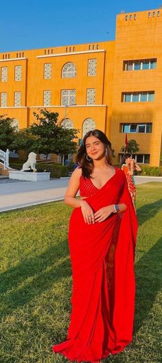 Red saree look for any occasion Sare Outfits, Blouses For Red Saree, Poses On Saree Indian Weddings, Farewell Party Saree Look, Blouse Design For Red Saree, Red Saree With Red Blouse, Red Saree Inspo For Farewell, Red Saree Look For Farewell, Red Saare Design