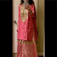 New Gharara Hand Made By Designer Craftsman In Pure Silk And Chiffon Never Worn Will Fit Xs And Small Grand! Stunning, Designer Wedding Dress Made Of Pure Fabrics And Stunning Embroidery In Rich Gold Pakistani / Indian / Afghan Outfit For Special Occasions Similar To A Formal / Wedding Wear Ghagra, Garara, Lehenga Or Sharara Dress. Bollywood Style Georgette Sharara For Celebration, Bollywood Style Celebration Sharara In Georgette, Eid Celebration Sharara With Gota Work, Silk Sharara With Gota Work For Celebration, Georgette Sharara For Eid Celebration, Bollywood Style Chinon Sharara For Celebration, Eid Celebration Georgette Sharara, Chinon Sharara With Dabka Work For Celebration, Bollywood Style Mirror Work Palazzo Set For Celebration