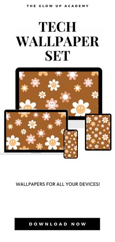 the tech wallpaper set is designed to look like flowers on brown and white background