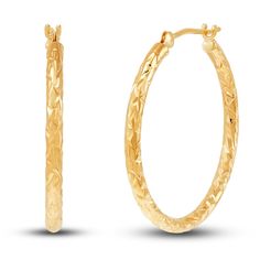 Dynamic tubes are embellished with stylish diamond-cut patterns in these striking women's hoop earrings. Fashioned in 14K yellow gold, the earrings secure in place with hinged backs. Tube Hoop Earrings, Jared The Galleria Of Jewelry, Hoop Earrings Gold, Diamond Cut, Earrings Gold, Fashion Earrings, Diamond Jewelry, Gold Earrings, Diamond Cuts