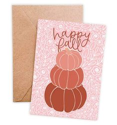 a greeting card with the words happy fall written on it and an illustration of pumpkins