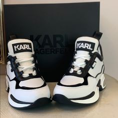 Karl Lagerfeld New With Box , 100% Authentic Brand . 100% Leather . Size 9 Or Euro 39 . Great Look. Designer White Synthetic Sneakers, Trendy White Leather Sneakers, Karl Lagerfeld Shoes, Sock Sneakers, Black And White Sneakers, Socks Sneakers, Karl Lagerfeld Paris, Leather High Tops, Chunky Sneakers