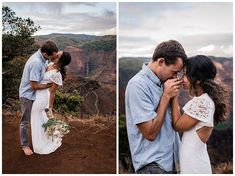 a man and woman standing next to each other on top of a mountain with mountains in the background