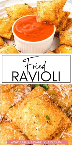 fried ravioli on a plate with dipping sauce and parmesan cheese sticks in the background