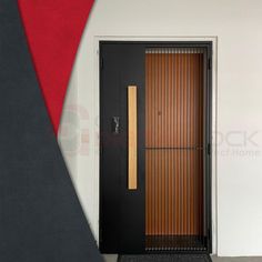 a black door with wooden slats in front of a white wall and red carpet