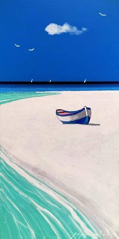 a boat sitting on top of a sandy beach next to the ocean under a blue sky