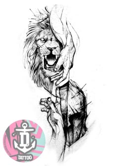 a drawing of a lion holding onto a person's hand with the word tattoo on it