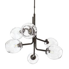 a chandelier with five clear glass globes hanging from it's black metal arms