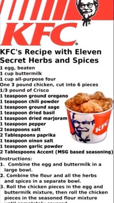 an advertisement for kfc's recipe with eleven secret herbs and spices