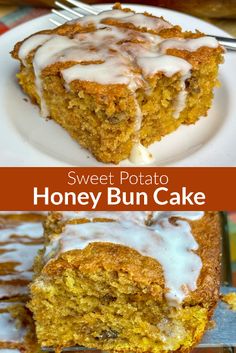 sweet potato honey bun cake with icing on top