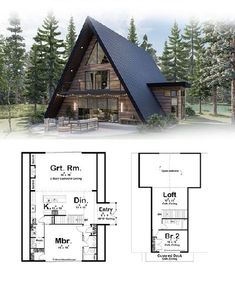 the floor plan for a small cabin with lofts and living quarters, is shown