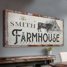 an old fashioned farm sign hangs on the wall