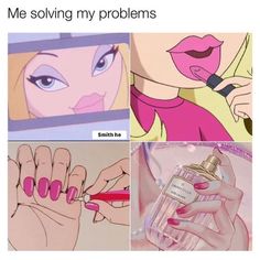 four different pictures with the words me solving my problems and an image of a woman's hand holding a bottle