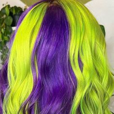 Pulp Riot Hair Color on Instagram: "@feelin.vivid (she/her) is the artist 🪲 #PulpRiotSemis are the paint for #beetlejuice vibes 🧪 Formula breakdown: - Green: Acid Spill + Firefly - Purple: Velvet Image description: A photo of the back of a woman's head. She has long, neon green and purple hair." Yellow Hair Ideas, Purple And Neon Green, Clown Cosplay, Color Block Hair, Yellow Hair Color, Mood Bored