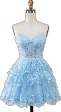 Light Blue Evening Dress For Summer Banquet, Lace Gown With Spaghetti Straps For Prom, Lace Gown With Spaghetti Straps For Prom Season, Lace Evening Dress With Spaghetti Straps For Prom, Summer Evening Dress With Spaghetti Straps For Homecoming, Light Blue Summer Party Gown, Summer Prom Gown With Spaghetti Straps, Wedding Mini Dress With Lace Bodice And Spaghetti Straps, Summer Lace Prom Gown