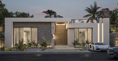 a white car is parked in front of a modern house at dusk with palm trees