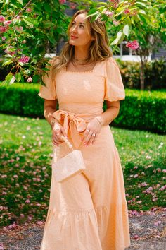 Hannah Dress Cute Short Sleeve Dresses, Pastel Long Dress, Peach Outfits For Women, Summer Midi Dress Outfit, Cheap Pretty Dresses, Cotton Clothing, Apricot Bridesmaid Dresses, Dress Long, Pastel Orange Dress