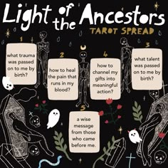 a cartoon depicting the light of the ancestors tarot spread with ghost characters