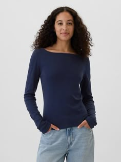 Favorite Boatneck T-Shirt | Gap Factory Fine Knit Stretch Crew Neck T-shirt, Casual Fine Knit T-shirt For Fall, Casual Fitted Long Sleeve Sweater, Casual Long Sleeve Fitted Sweater, Fine Knit Casual T-shirt For Fall, Everyday Stretch Crew Neck Knit Top, Trendy Long Sleeve Knit T-shirt, Casual Scoop Neck Knit Sweater, Fine Knit Stretch Top For Fall