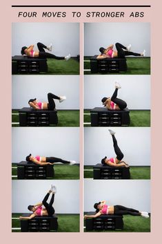 a woman is doing exercises on the grass with her arms and legs in different positions