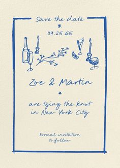 a blue and white wedding card with the words save the date, zoo & martin