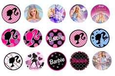 the barbie dolls are all decorated in pink and black polka dot circles with names on them