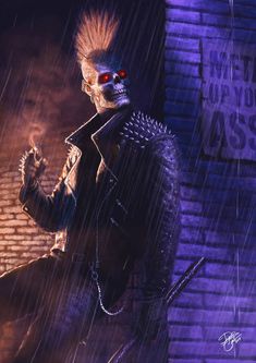 a man with red eyes and spiked hair standing in the rain wearing a leather jacket