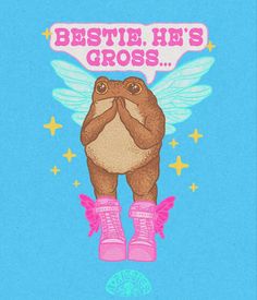 a drawing of a bear with wings on it's chest and the words bestie, he's cross