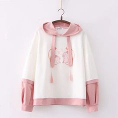 Cartoon Double Rabbit Print Hooded Student Hoodie Kawaii Hoodie, Harajuku Hoodie, Bunny Hoodie, Hoodie Cartoon, Rabbit Rabbit, Kawaii Bunny, Loose Hoodie, Hoodie Cozy, Rabbit Print