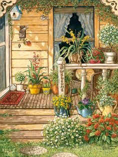 a painting of a house with flowers and potted plants on the front porch that says happy sunday be grateful