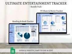 two laptops sitting next to each other on top of a wooden table with the text ultimate entertainment tracker