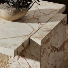 a marble table with a plant on top